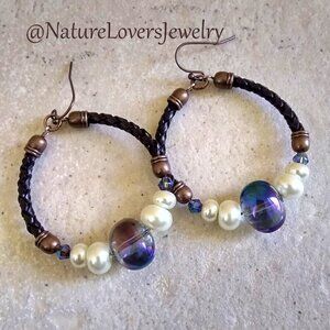 Boho Leather Hoop Earrings with Crystals & Pearls | Handmade Rustic Chic Jewelry
